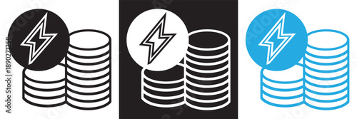 Energy savings coin stack icon set. Vector icon set showing stacked coins with lightning bolt symbols representing electricity costs, energy savings, and power efficiency concepts.EPS10/AI.