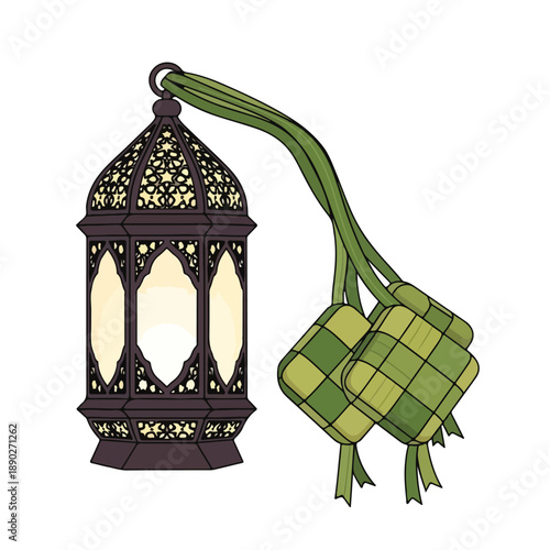 Traditional lantern and ketupat on white background