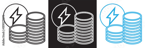 Energy savings coin stack icon set. Vector icon set showing stacked coins with lightning bolt symbols representing electricity costs, energy savings, and power efficiency concepts.EPS10/AI.