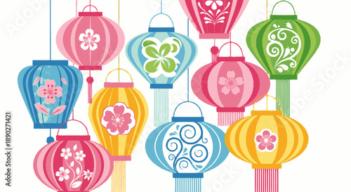 Colorful Chinese Lanterns Hanging Decoration Festive Celebration.