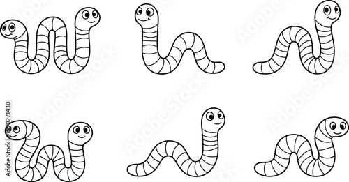 Set of cute cartoon worm illustrations in different poses, simple black line art characters isolated on white background for kids education and coloring