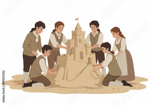 Historic individuals collaborate to build an elaborate sandcastle, demonstrating teamwork, creativity, and a touch of vintage charm at the seaside.