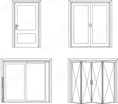 A meticulously drawn architectural sketch showcases four distinct door designs, emphasizing form, function, and artistic detail.