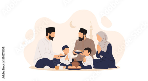 Muslim family enjoying a meal together breaking fast during Ramadan parents and children sharing food religious tradition communal dining togetherness love and harmony, Generative AI.