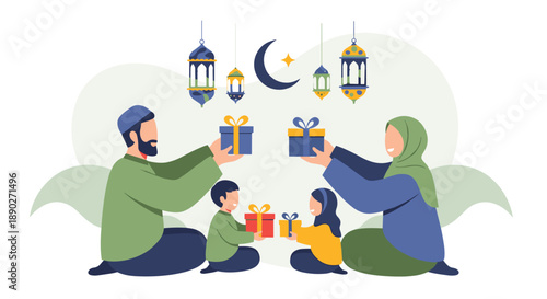 A Muslim family exchanges gifts during a festive occasion with parents and children in traditional attire set against a backdrop of lanterns and crescent moons embodying the, Generative AI.