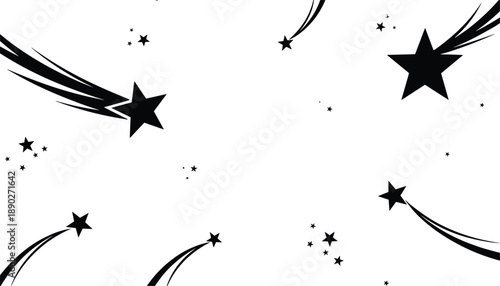 Shooting star background with falling stars and curved trails black silhouette vector illustration night sky design