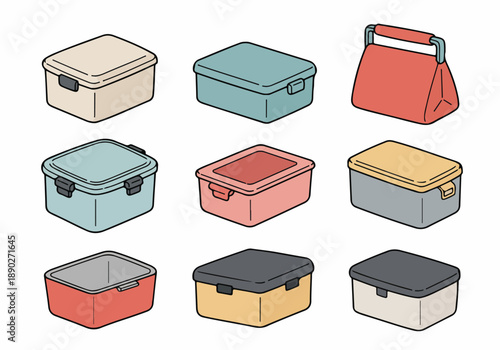 Colorful collection of cartoon-style lunch boxes and food containers for meal prep, school, and work, isolated on white background, promoting healthy eating and organized meals.