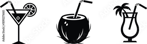 Tropical cocktail drink icon set featuring martini coconut juice and summer beverage glass in clean black and white vector style