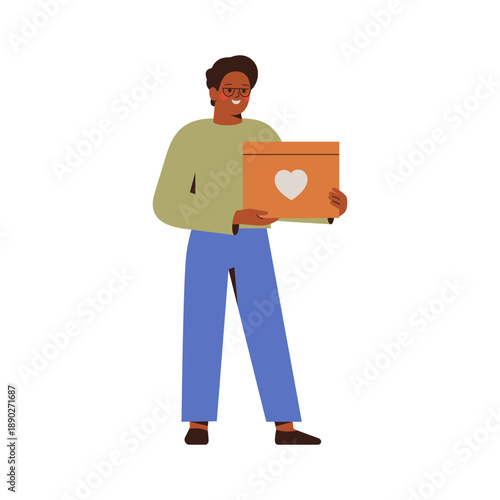 young Black man holds charity box with heart symbol. Male Volunteer with Humanitarian help for donation. Support and care concept. Vector illustration