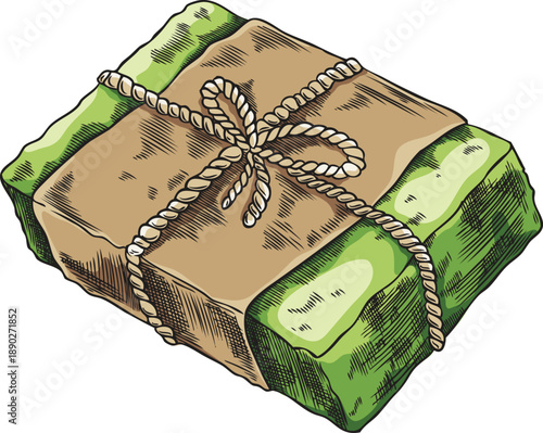 Hand-drawn watercolor sketch of a green bar of soap in packaging, tied with a string.