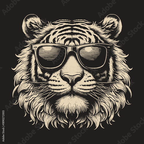 Cool Tiger Portrait with Sunglasses: A Stylish Feline Illustration.
