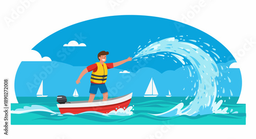 Happy man in a life vest splashing water from a red motorboat, enjoying summer vacation fun with sailboats on a sunny day.