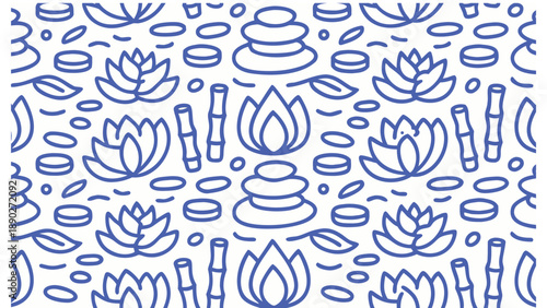 Blue lotus flower and candle seamless pattern on white background for zen spa design