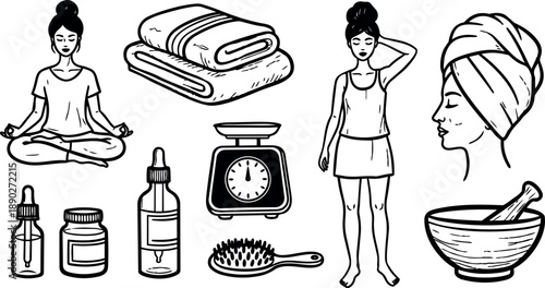 Hand drawn black and white wellness icons showing meditating woman, towel stack, essential oils, weighing scale, standing woman with towel wrap, hairbrush, and mortar with pestle