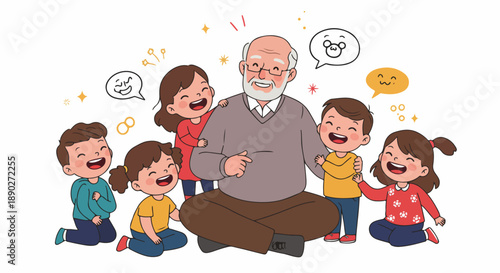 Happy grandfather surrounded by joyful grandchildren, sharing laughter and warmth, representing intergenerational family bonds and cherished childhood memories.