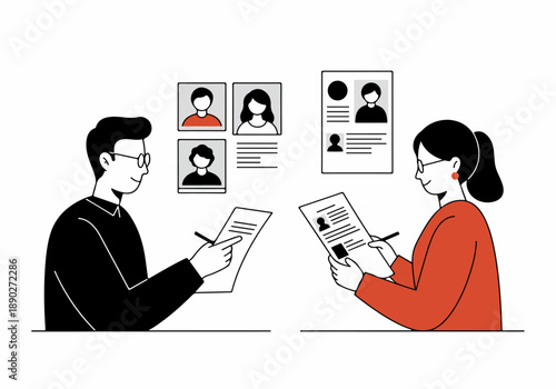 HR Professionals Reviewing Resumes and Candidate Profiles for Hiring, Illustrating Talent Acquisition and Application Screening in a Business Context.