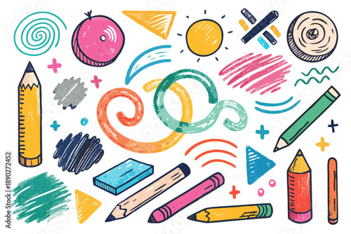 Hand drawn crayon set with colored pencils and eraser on white background crayons tools