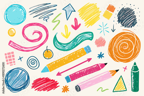 Hand drawn crayon set with colored pencils and markers on white background crayons supplies 1 colorful