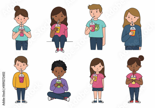 Collection of diverse children enjoying refreshing beverages like smoothies and milkshakes, illustrated with cups and straws on a white background.