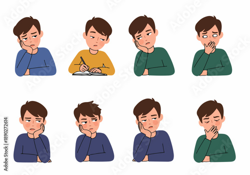 A collection of illustrations depicting a young man feeling bored, tired, and unmotivated, expressing fatigue and disinterest in various scenarios.
