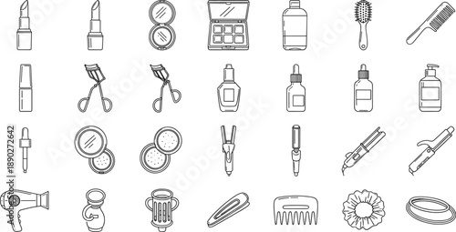 Beauty and makeup icons set with cosmetic tools skincare products hair accessories and salon equipment