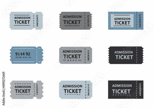 A collection of nine flat design admission tickets in various shades of grey and blue, suitable for events, cinema, or travel passes.