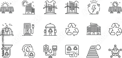 Renewable energy icons set, black line vector illustration