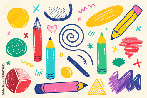 Hand drawn crayon set with colored pencils and rough pencil textures crayons supplies colorful