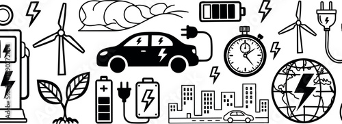 Minimalist black and white vector icons showing electric car charging wind turbines and sustainable energy symbols for eco city