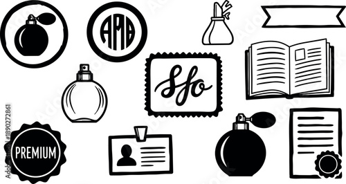 Black and white hand drawn vector icons of perfume bottles, stamps, documents, open book, and badge collection in minimal flat design