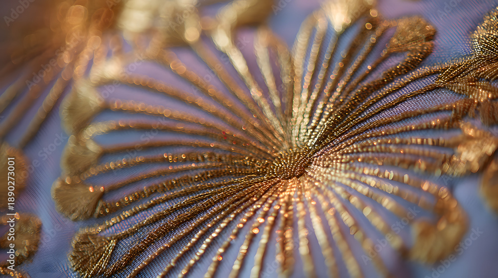 Obraz premium Detailed close-up of luxurious gold metallic embroidery on lavender fabric featuring a radial dandelion motif
