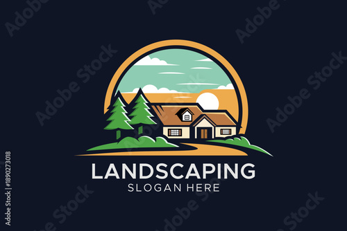Landscaping logo design template with house, pine trees and sunset, lawn care and gardening service emblem, flat vector illustration