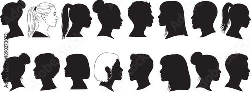 Black and white silhouette collection of diverse human profiles featuring men and women with various hairstyles for identity social inclusion and community representation concepts