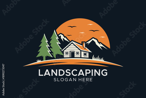 Rustic cabin landscaping logo with snowy mountains and pine trees, outdoor gardening service emblem, house and nature vector illustration