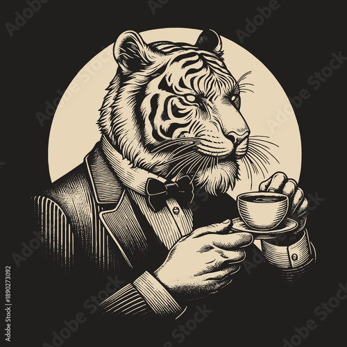 Sophisticated Tiger Enjoying a Cup of Tea in Style.