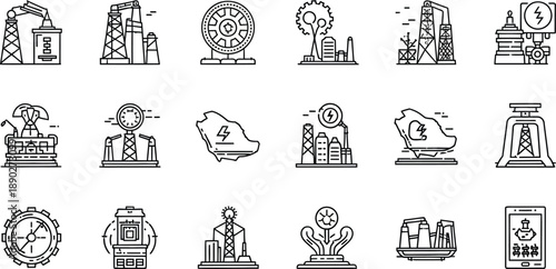 Vector set of industrial icons, black line illustrations