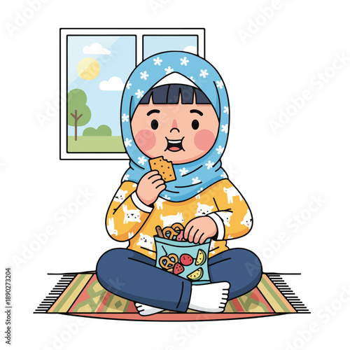 Cute cartoon girl eating snacks on a colorful rug indoors