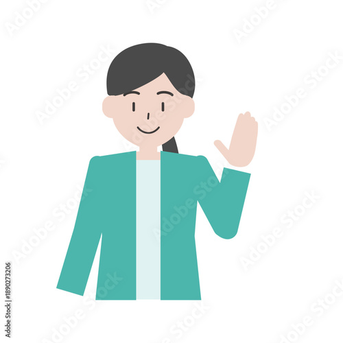 手を上げて発言する女性のイラスト　正面の人物ジェスチャー