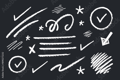 White chalk style highlight strokes arrows curly checkmarks on blackboard chalkboard ticks