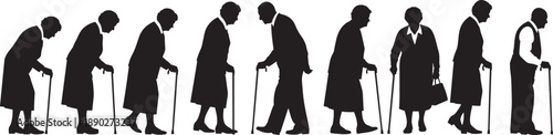 Black silhouette collection of elderly men and women walking with canes and handbags isolated on white background for aging senior care and longevity concepts