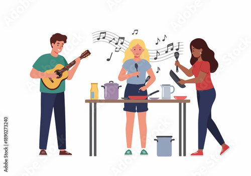 Cheerful friends cooking together, one playing guitar, another singing with a spoon, celebrating home life with music.
