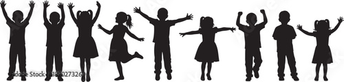 Black silhouette collection of happy young boys and girls jumping playing and cheering with raised hands isolated on white background for childhood joy and education concepts