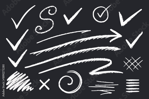 White chalk style highlight strokes arrows curly checkmarks on blackboard