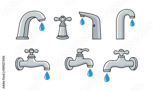 Water faucets dripping a blue drop set