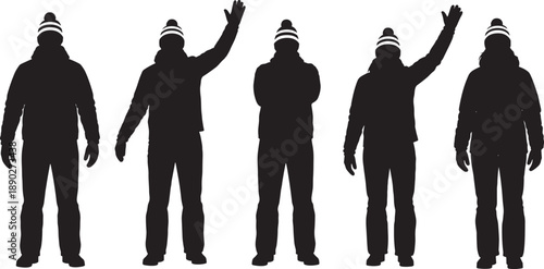 Black silhouette collection of men and women wearing winter jackets and beanies waving and standing isolated on white background for seasonal travel and greeting concepts