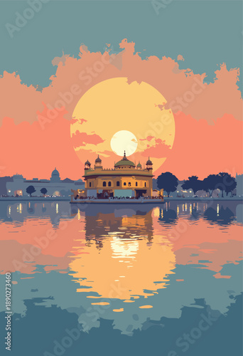 Vertical flat Golden Temple, Amritsar Glowing gold reflection water sunset Retro style