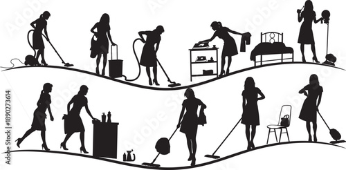 Black silhouette collection of professional women engaged in various household chores including vacuuming ironing sweeping and cleaning isolated on white background for housekeeping service concepts