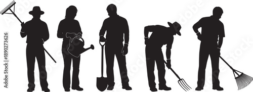 Black silhouette collection of professional gardeners and farmers using various tools like rakes shovels and watering cans isolated on white background for agricultural concepts