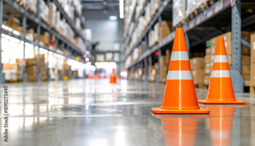 Orange traffic cones sit on the floor in a warehouse aisle between shelves filled with boxes