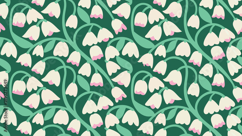 Lily of the valley flowers in a seamless pattern on green background with pink tips